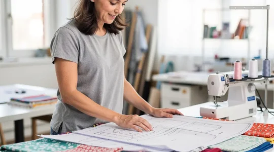 Couturière choisissant un patron de couture parmi plusieurs options sur table d'atelier