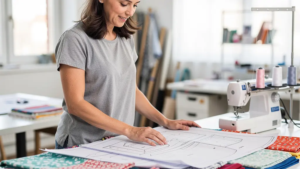 Couturière choisissant un patron de couture parmi plusieurs options sur table d'atelier