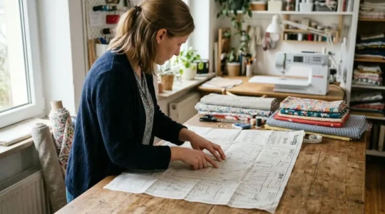 Couturière examinant un patron de couture déplié sur table d'atelier avec tissu coloré