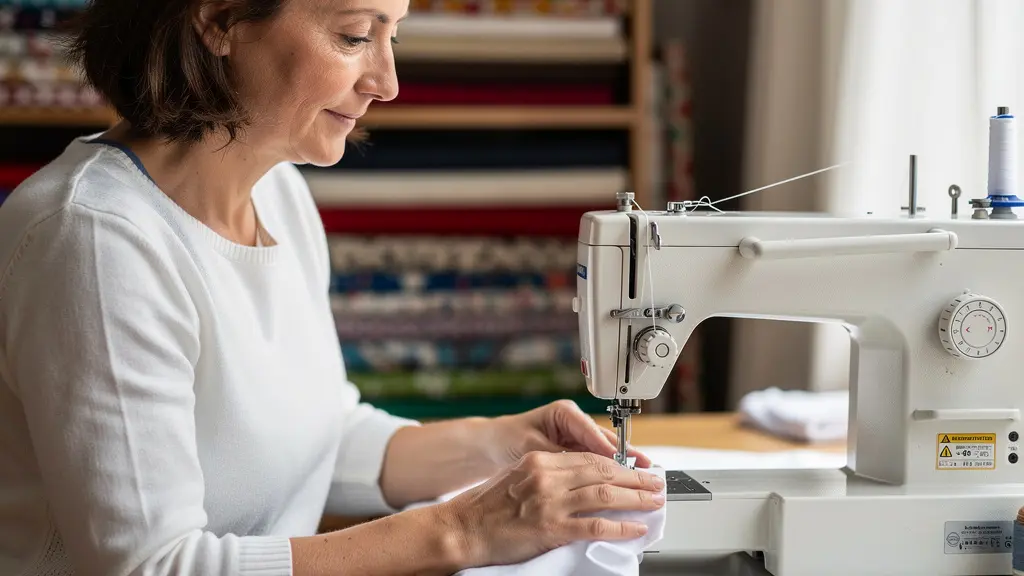 Femme cousant tissu coton à la machine dans son atelier personnel