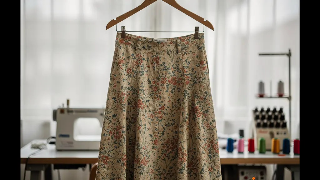 Jupe midi coton floral terminée sur cintre dans atelier couture