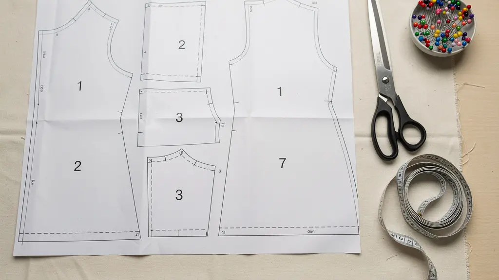 Patron de couture déplié avec pièces et matériel sur table d'atelier