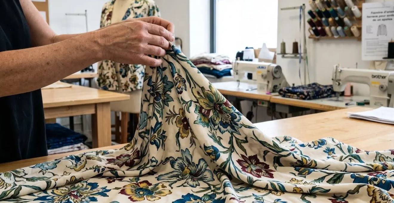 Mains soulevant délicatement le bord d'un tissu viscose imprimé pour montrer son tombé fluide et naturel, le motif floral suivant les courbes du drapé