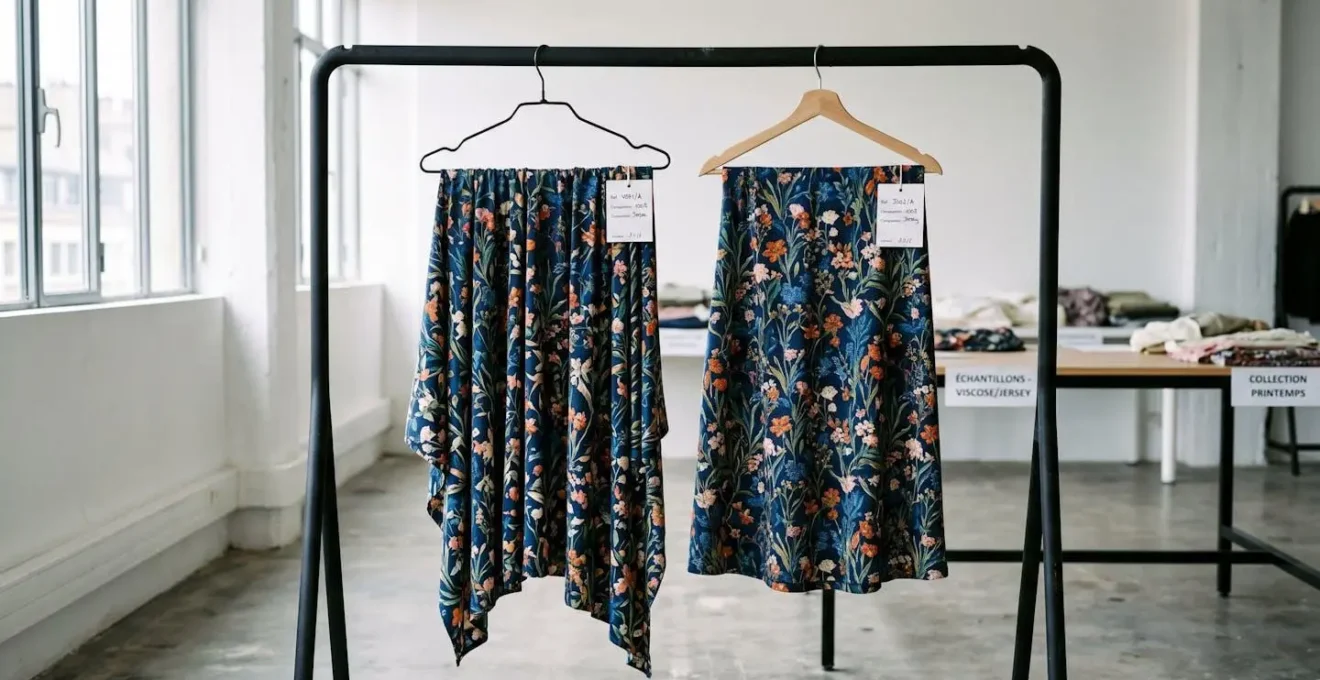 Deux tissus imprimés du même motif floral suspendus côte à côte, l'un en viscose fluide formant des plis souples, l'autre en jersey maintenant une forme plus structurée
